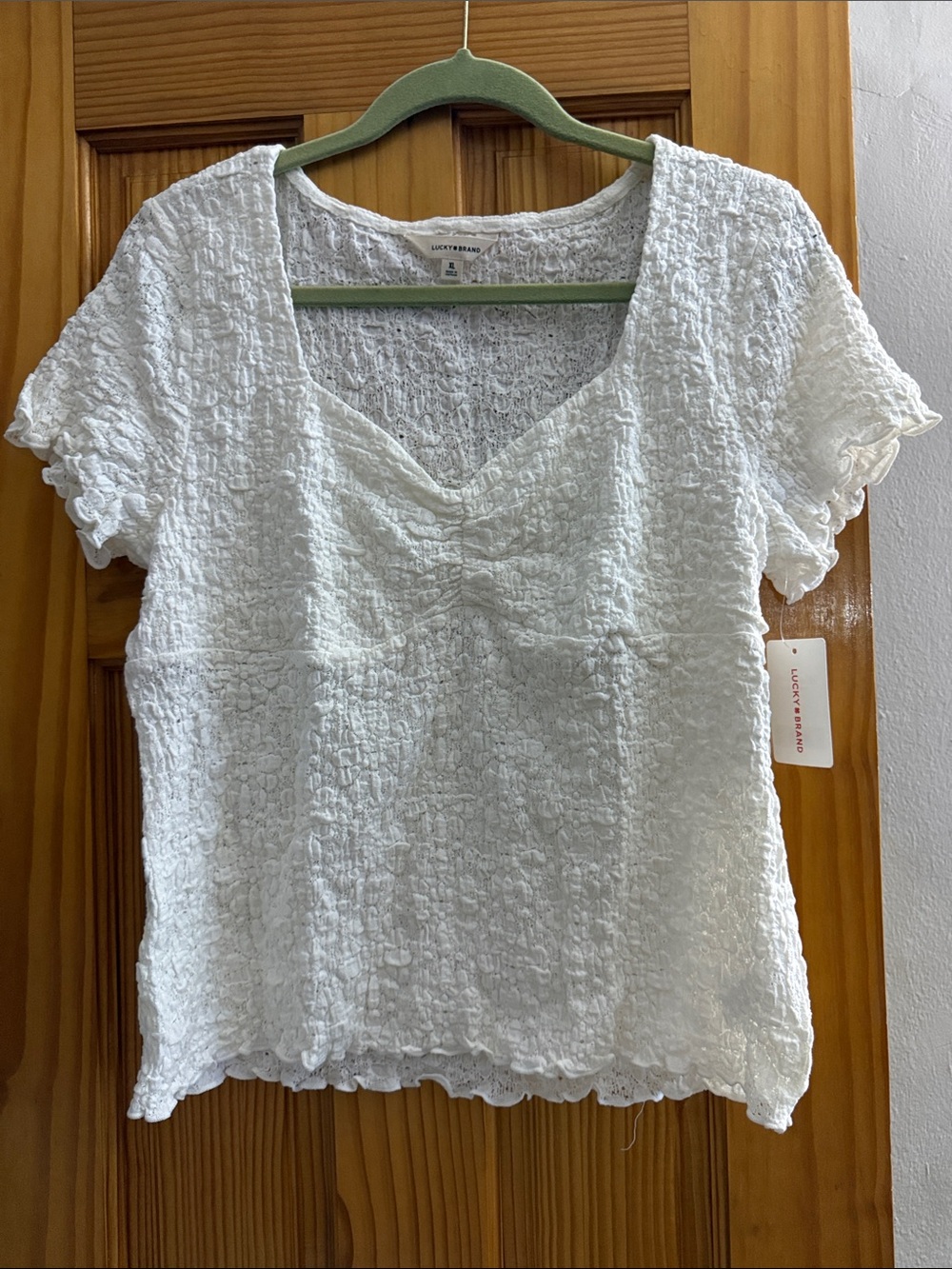 Lucky Brand White Crinkle Short-Sleeve Tee with V-Neck
